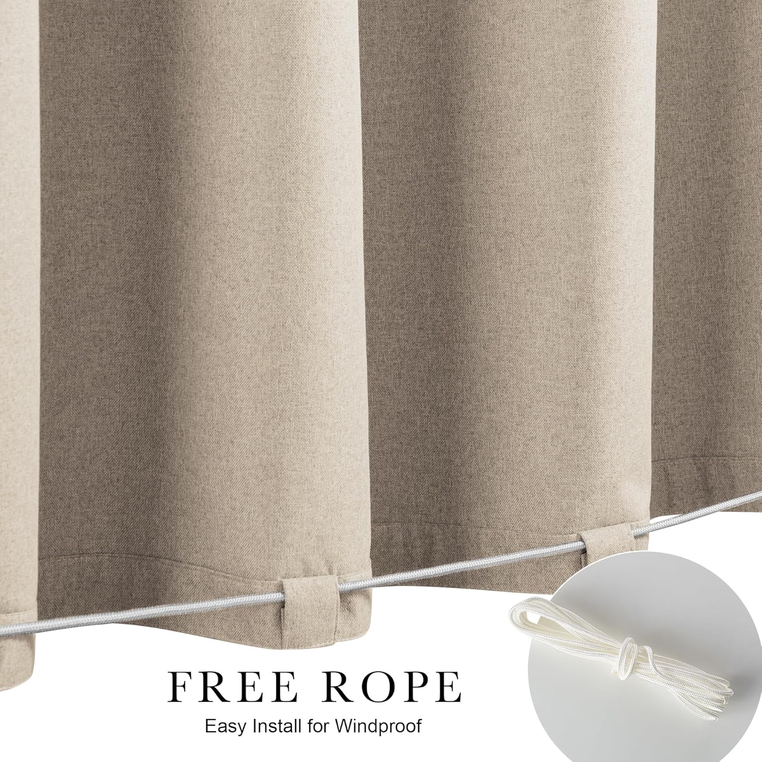 Beige linen-look outdoor patio curtains with rope threaded through bottom loops for windproofing.