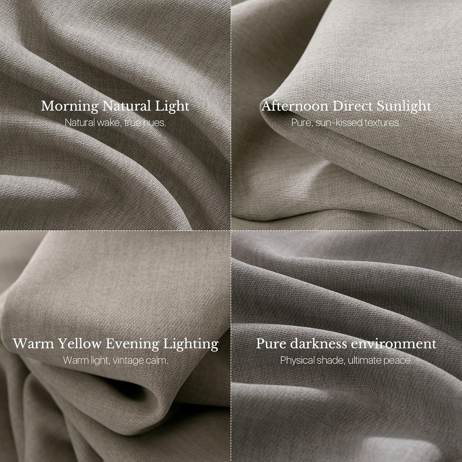 Close-up of beige woven blackout curtain fabric shown under morning, afternoon, evening, and dark light conditions