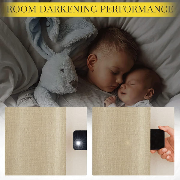 Beige woven fabric blocks flashlight, demonstrating room darkening. Children sleep in dark room.