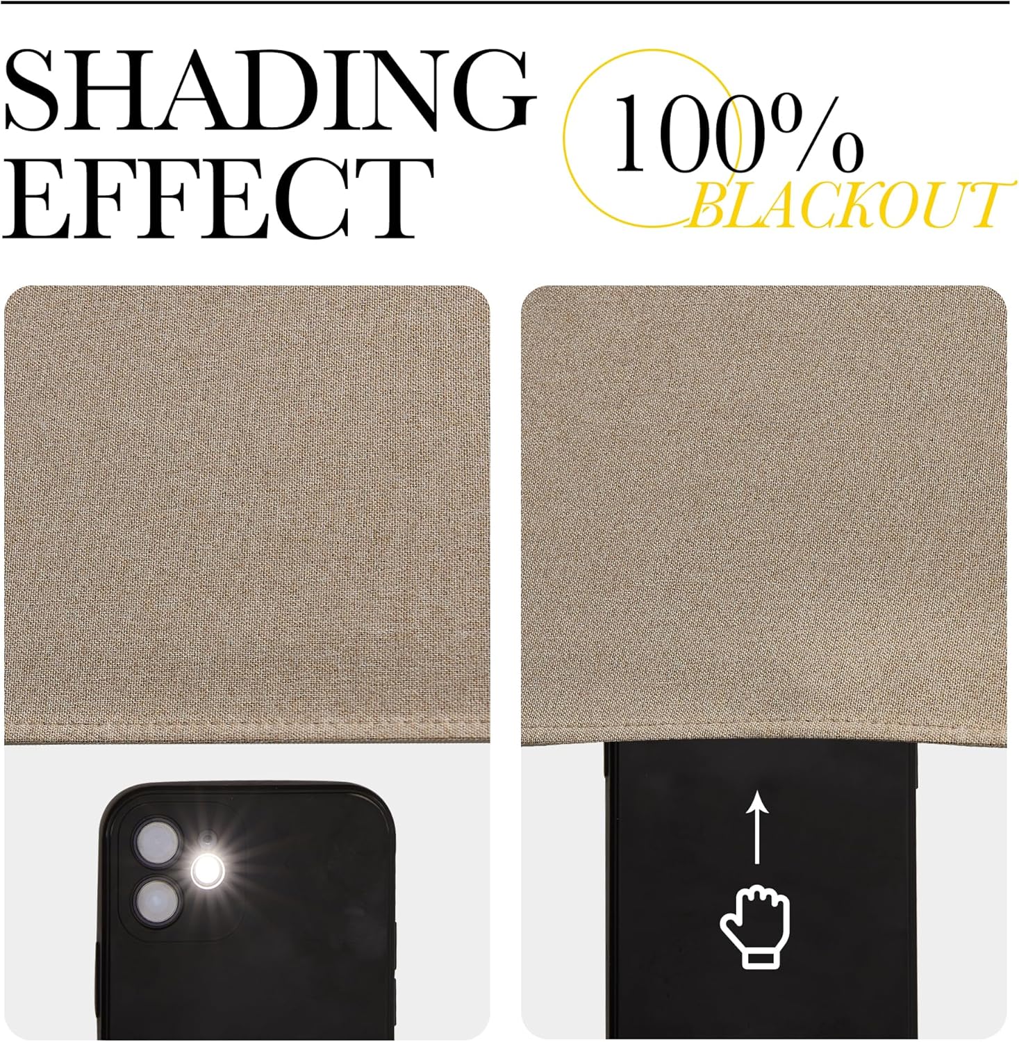 Beige woven fabric sample showcasing 100% blackout. Smartphone flashlight's light is completely blocked.