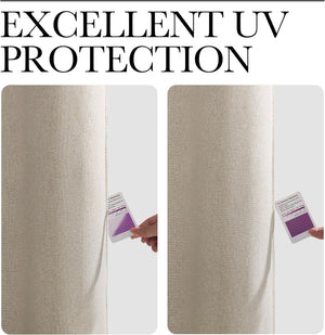 Beige fabric shows UV protection. Left panel transmits UV; right blocks it, shown by darker UV card.