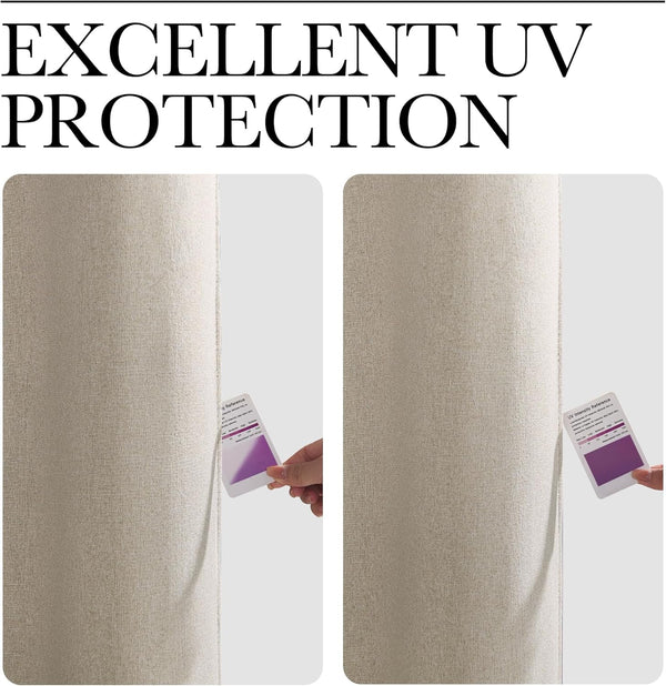 Beige fabric shows UV protection. Left panel transmits UV; right blocks it, shown by darker UV card.