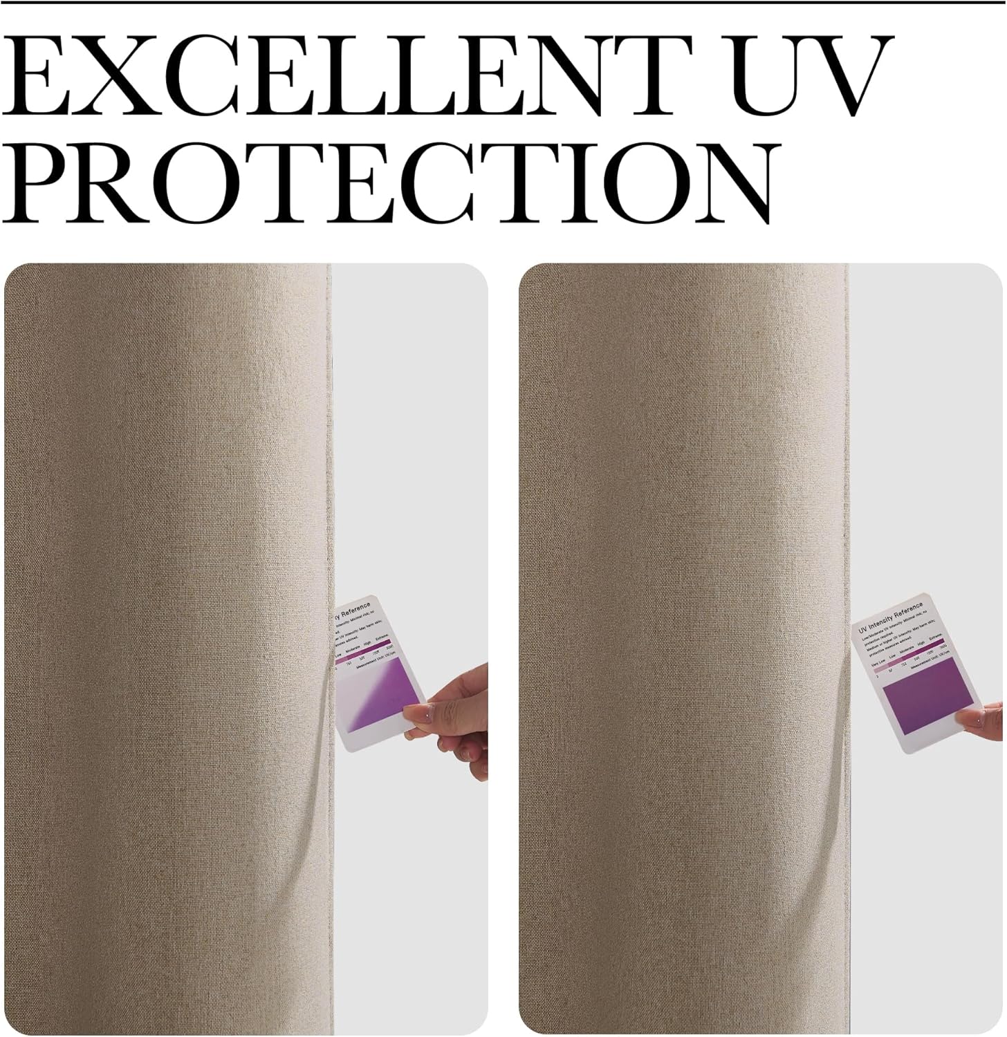 Beige woven fabric panel demonstrating excellent UV protection with a hand holding a UV reference card.