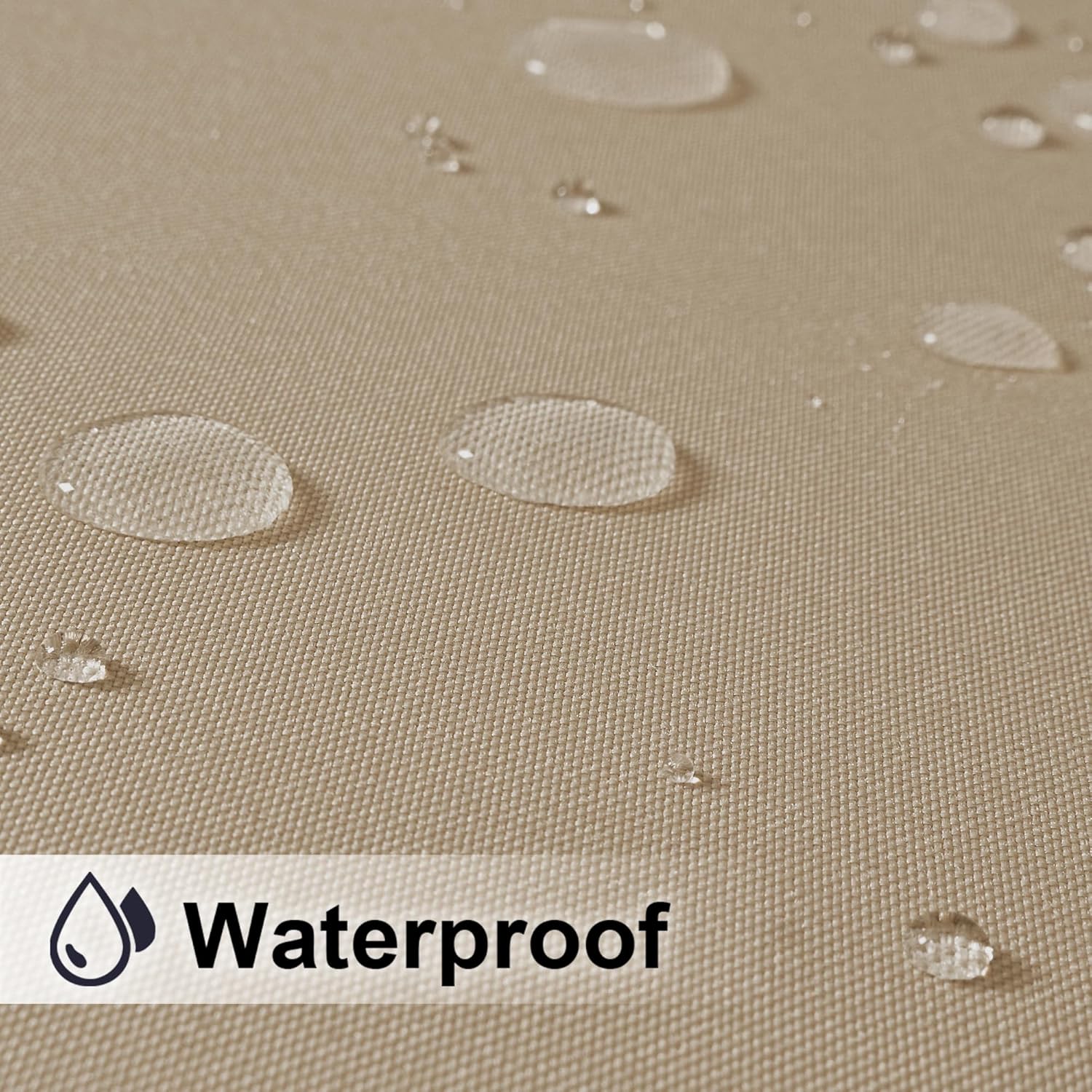 Close-up of beige woven waterproof fabric showing water droplets beading on its surface.