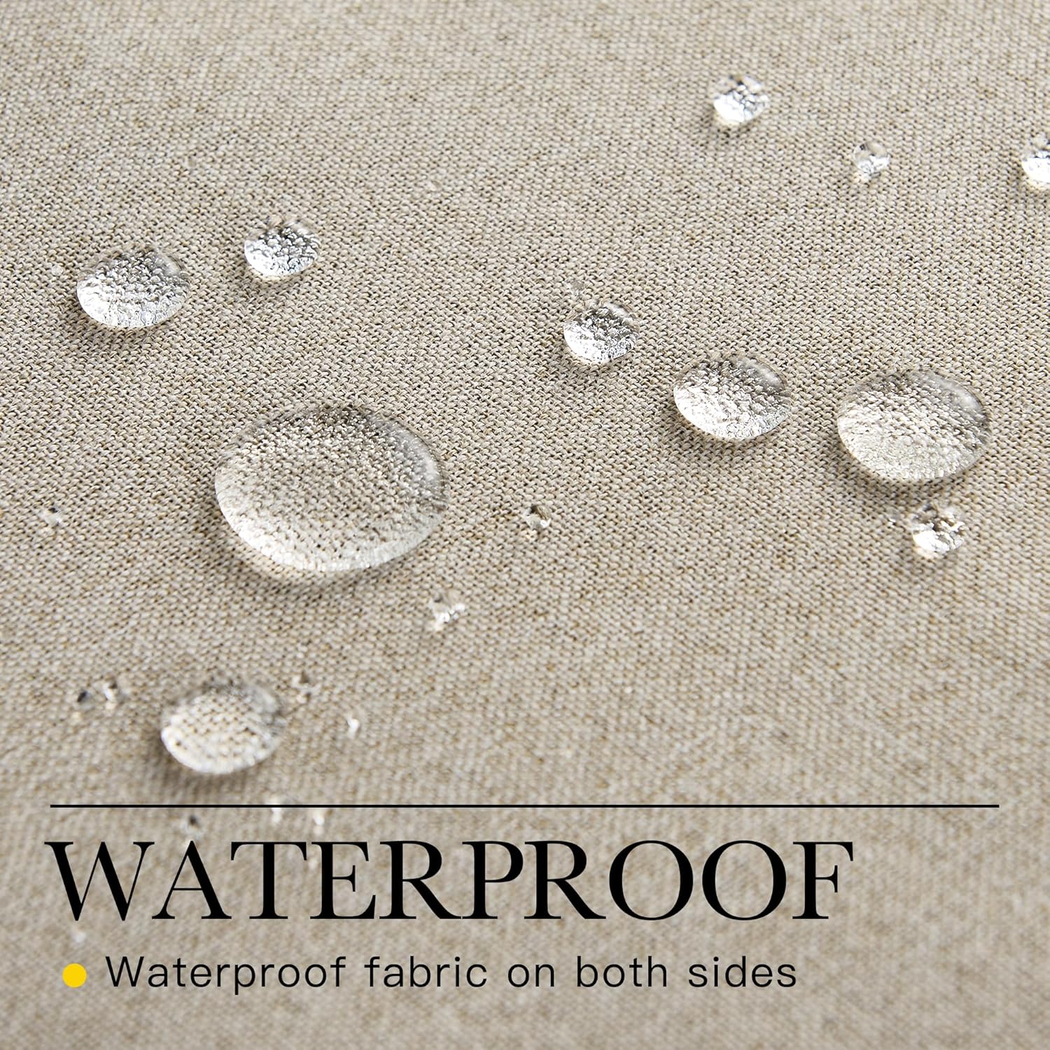 Close-up of beige woven fabric with water droplets beading on the surface, highlighting its waterproof feature.