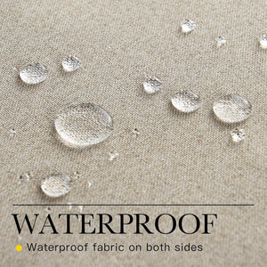 Close-up of beige woven fabric with water droplets beading on the surface, highlighting its waterproof feature.
