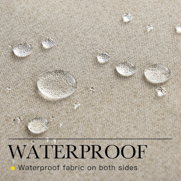 Close-up of beige woven fabric with water droplets beading on the surface, highlighting its waterproof feature.