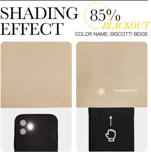 Biscotti beige fabric swatch demonstrating 85% blackout capability, with faint light passing through from a flashlight.