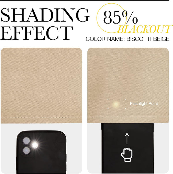 Biscotti beige fabric swatch demonstrating 85% blackout capability, with faint light passing through from a flashlight.