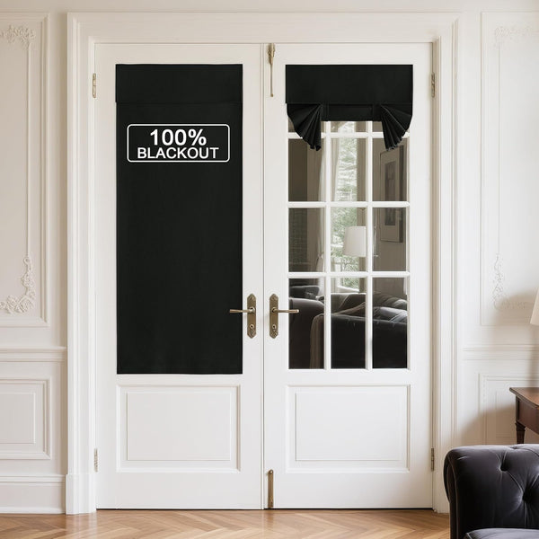 Black 100% blackout door shades on white French doors, one fully down and one tied up for light control.