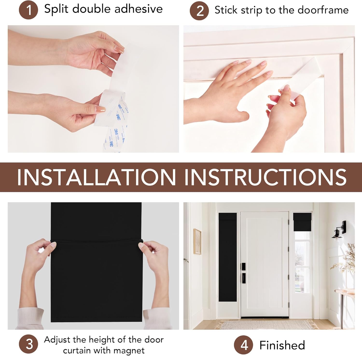 Installation guide for a black adhesive blackout fabric shade on a white front door sidelight window.