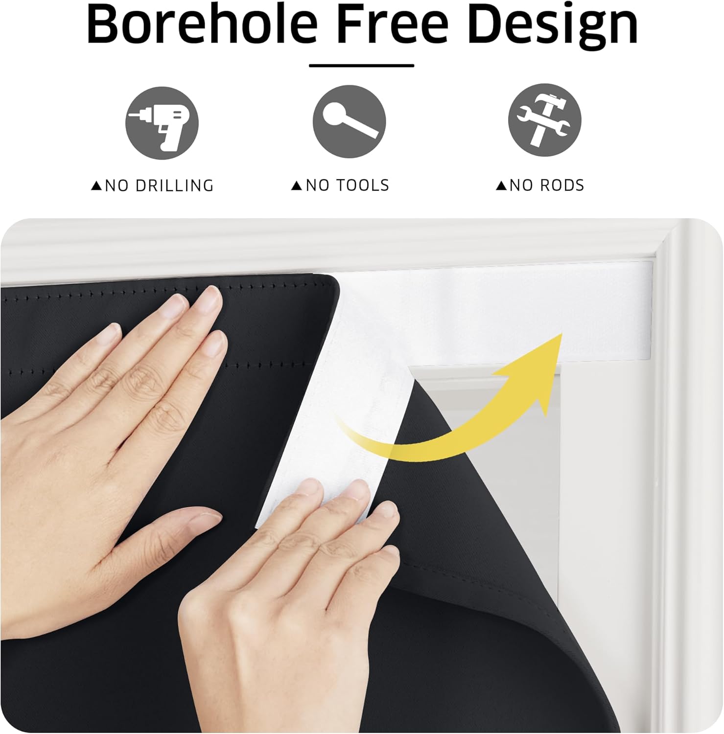 Hands applying a black adhesive blackout curtain to a white window frame, illustrating a no-drill installation.