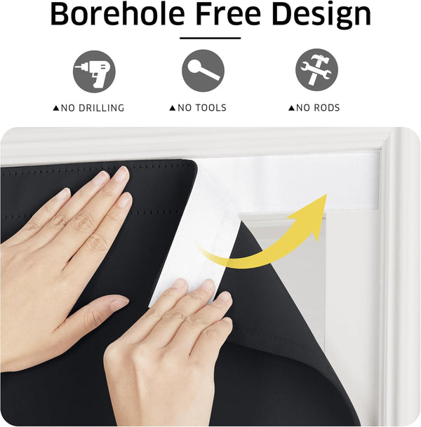 Hands applying a black adhesive blackout curtain to a white window frame, illustrating a no-drill installation.