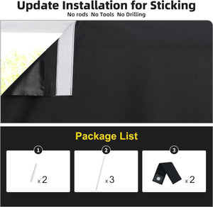 Black temporary blackout curtain with white adhesive strip showing easy stick-on window installation.