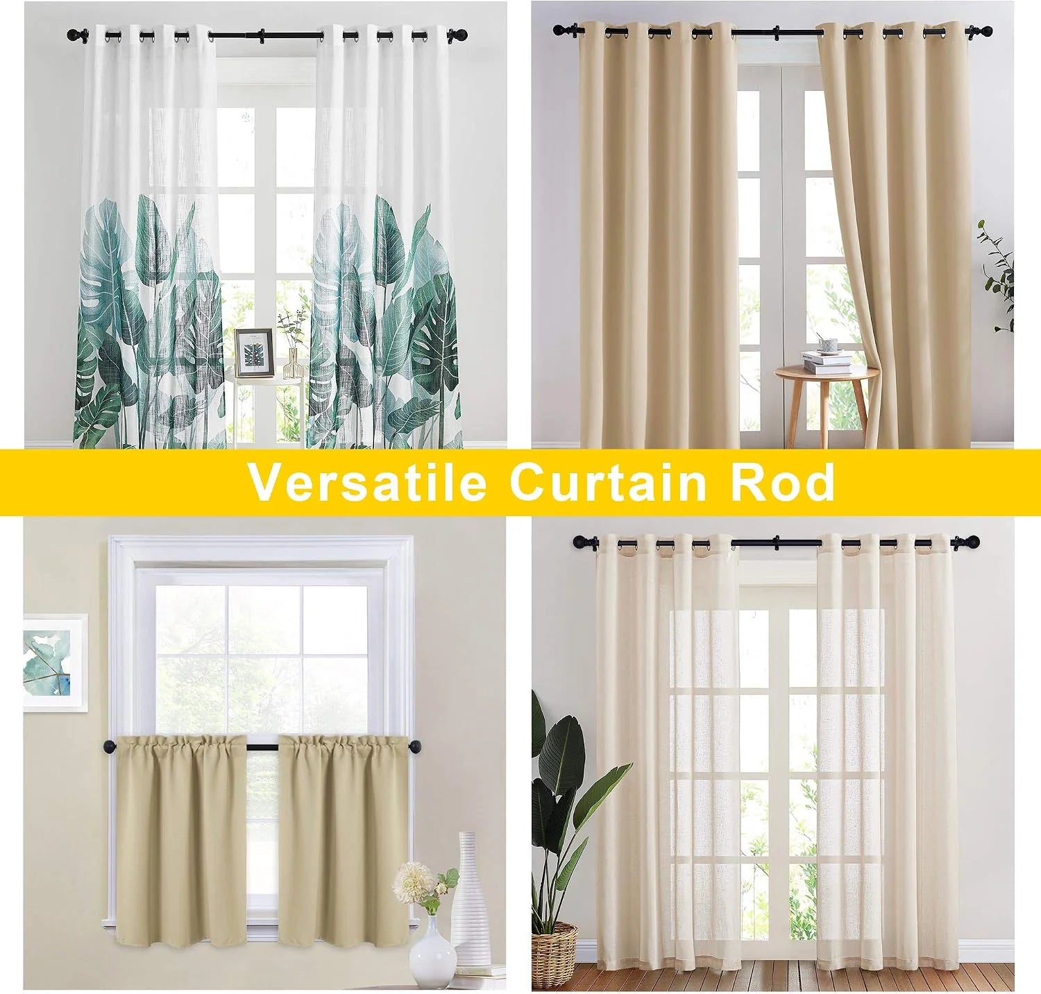 Black curtain rod shown with sheer printed and beige curtains in multiple window styles