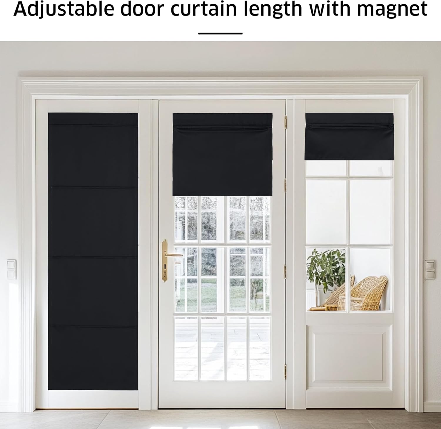 Black adjustable Roman shades with magnetic fasteners on white French doors, one fully extended.