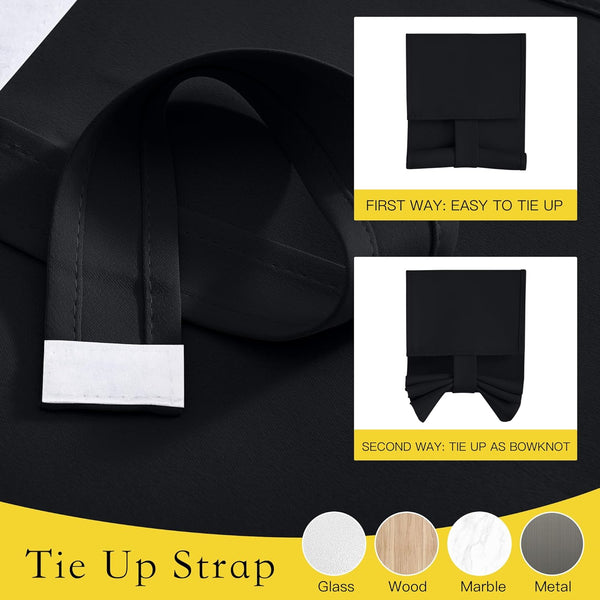 Black tie-up strap demonstrating simple fold and bowknot styles with hook-and-loop closure.