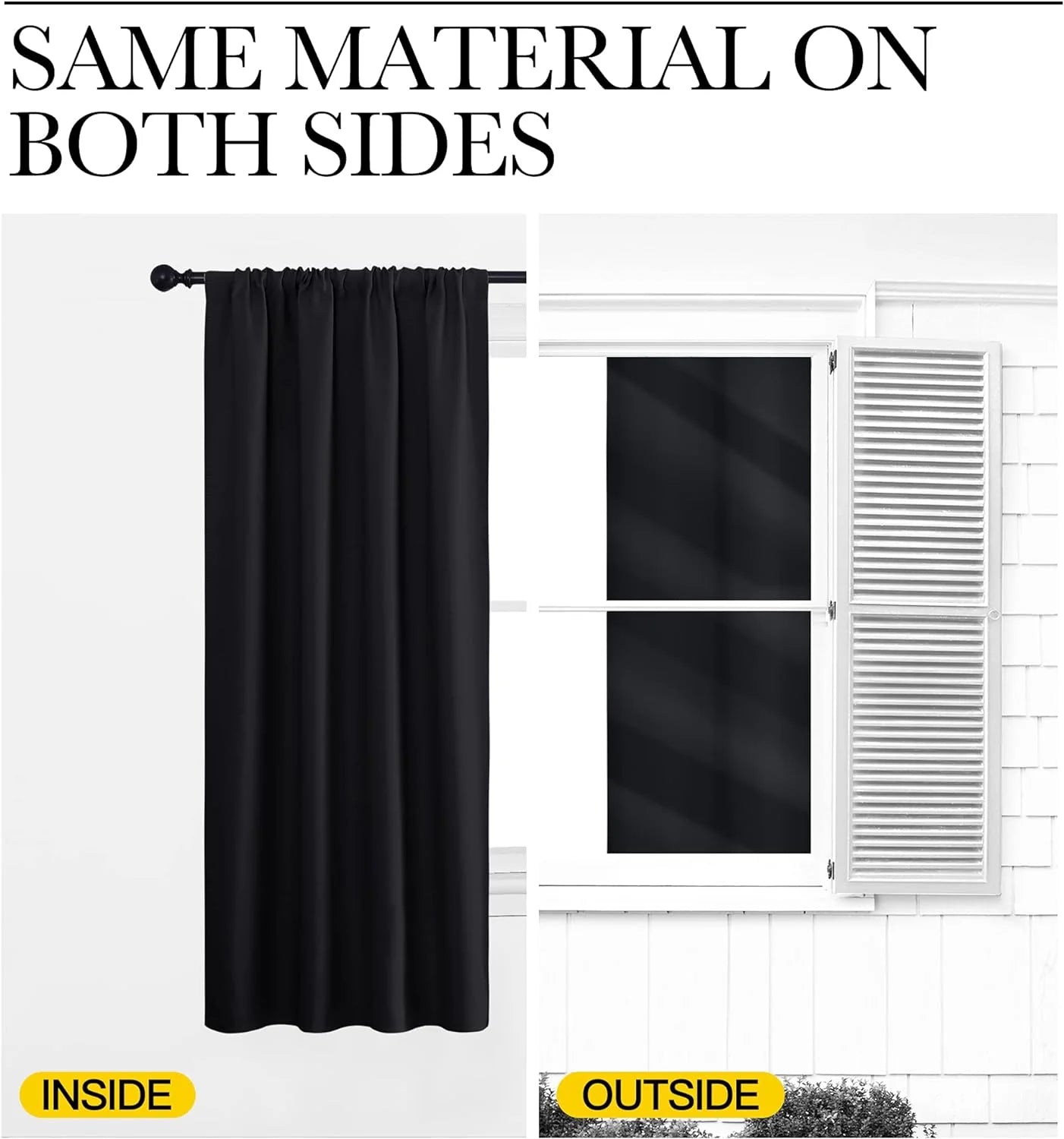 Black blackout curtain shown inside and outside with same fabric on both sides