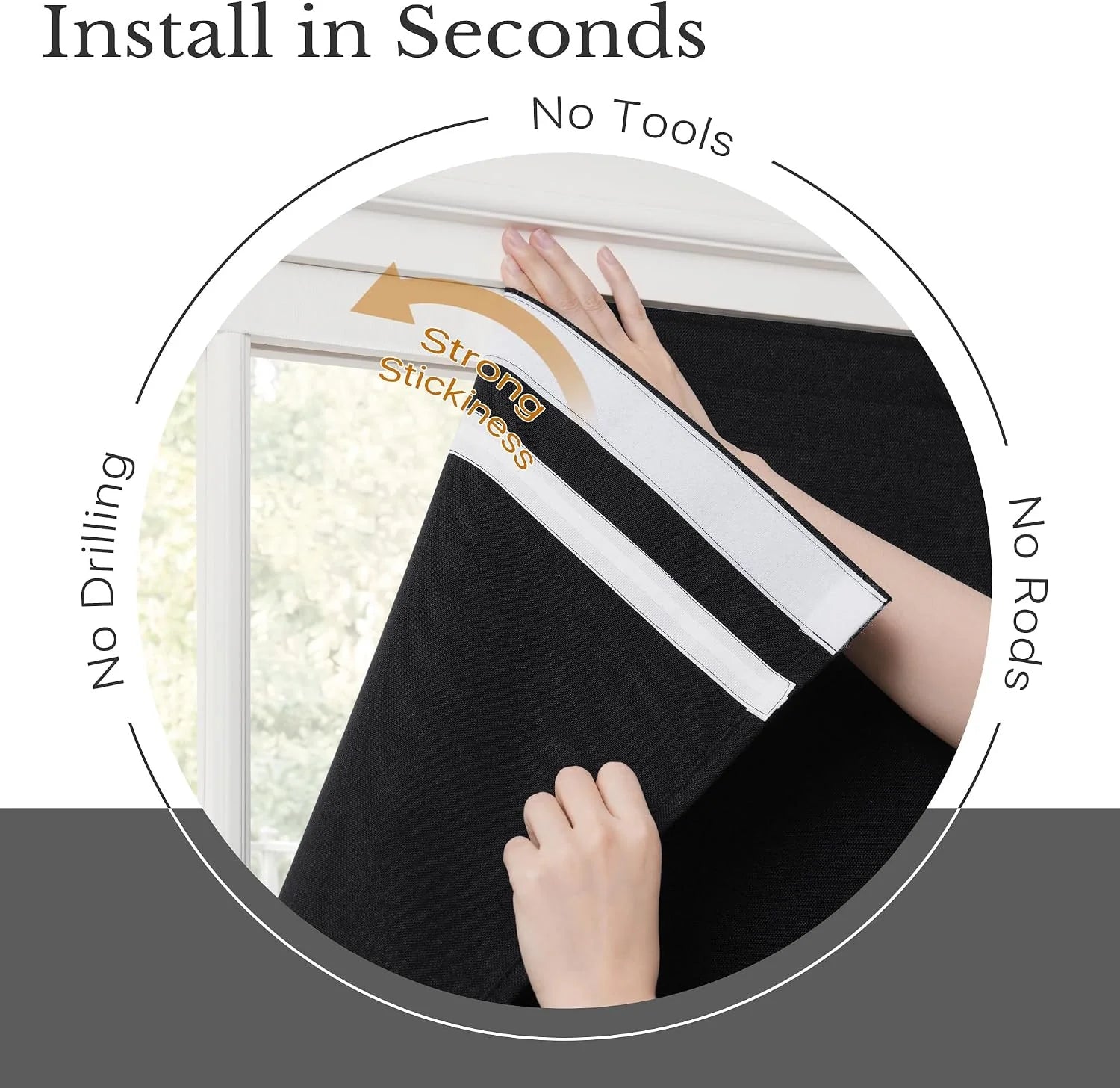Hands installing black blackout curtain panel with adhesive strips onto a window frame, highlighting tool-free installation.