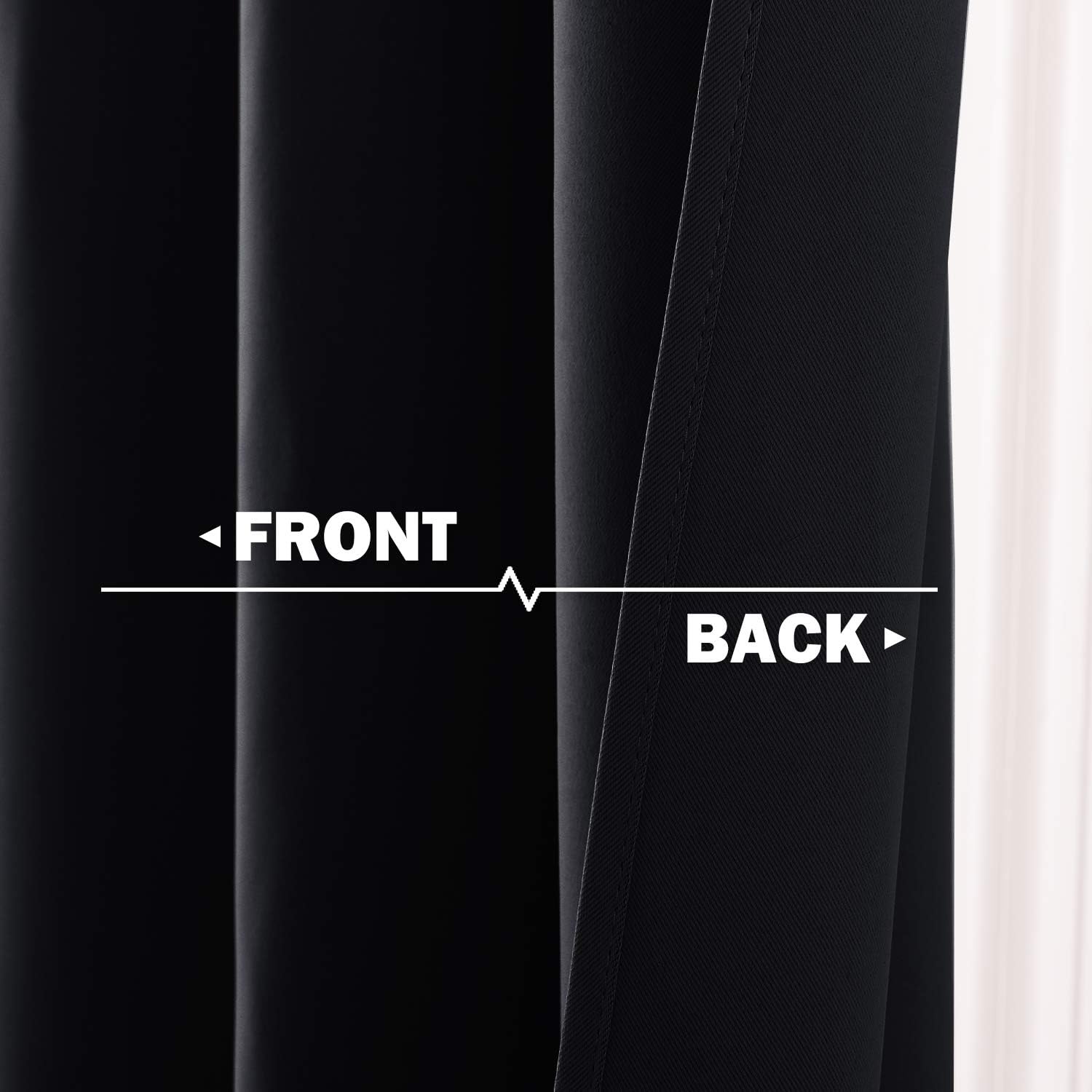 Close-up of black curtain fabric, showing its smooth front and diagonally woven textured back for light blocking.