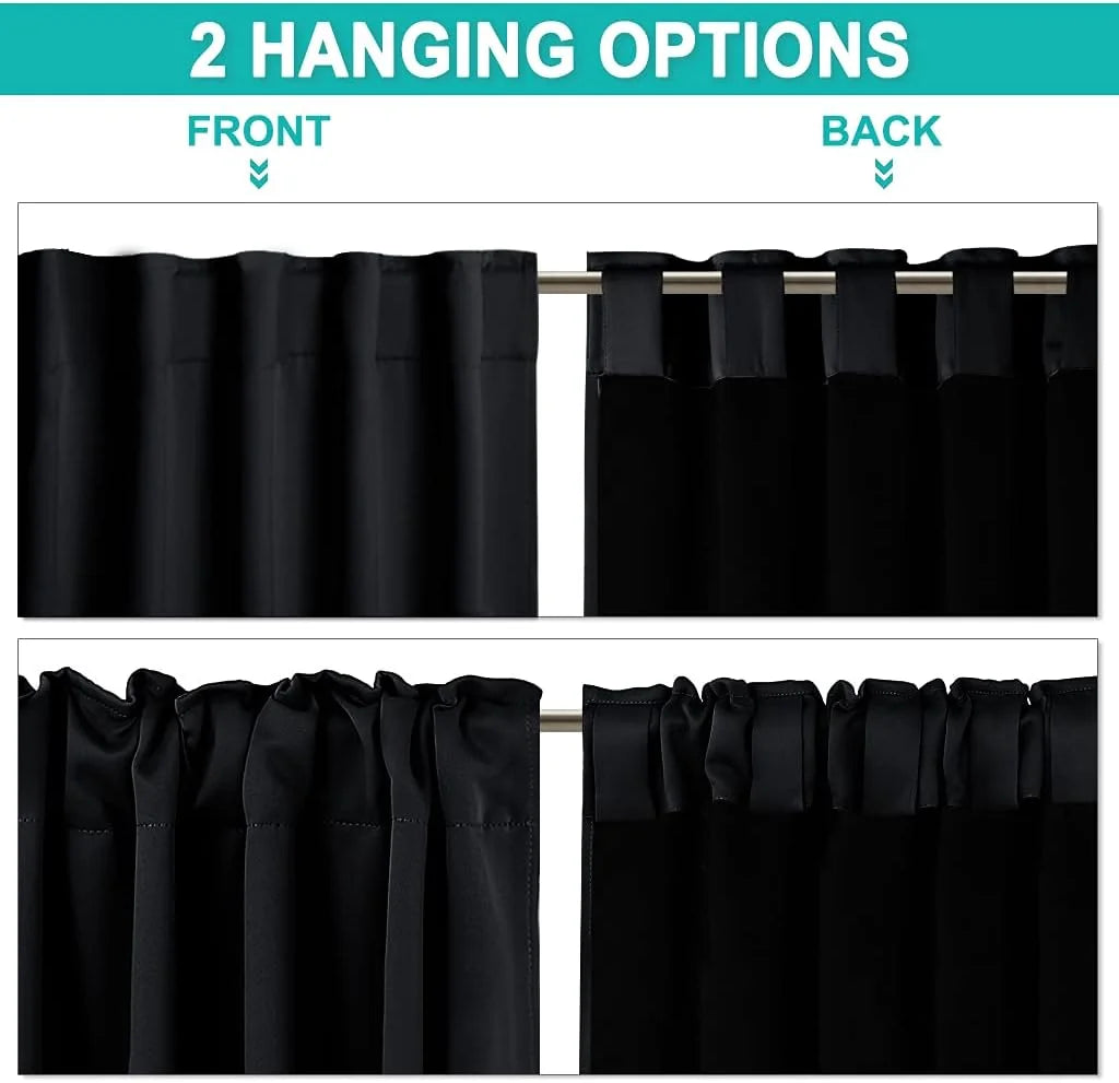 Black blackout curtain panel showing front and back rod pocket hanging options