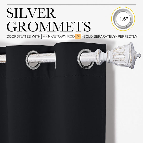 Black curtain with silver grommet top. Distressed white rod passes through 1.6-inch grommets.