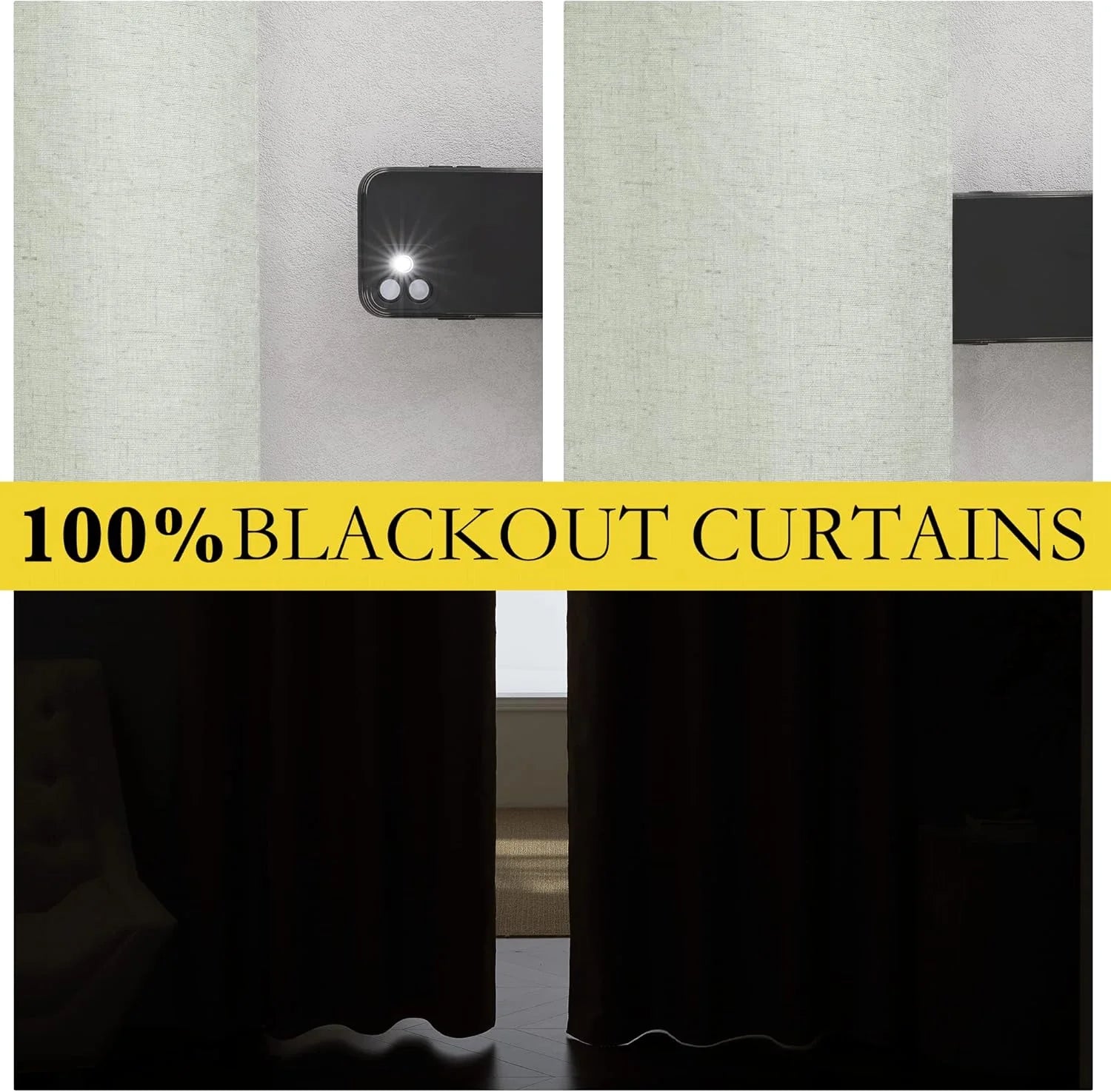 Black blackout curtains blocking phone flash and daylight in a dark room
