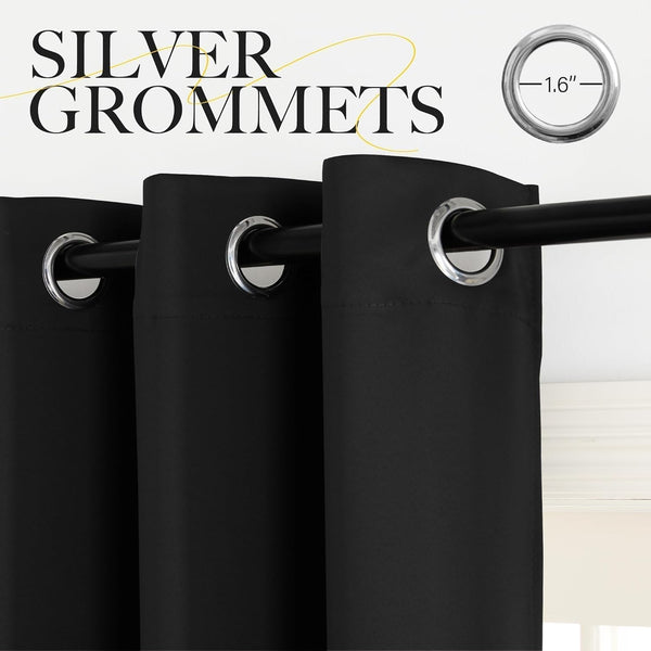 Close-up of black blackout curtains featuring shiny silver 1.6-inch grommets on a black rod.