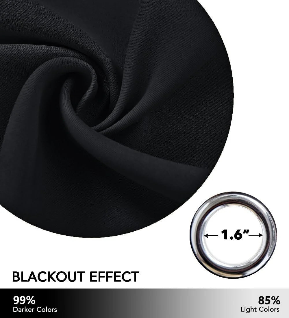 Black blackout curtain fabric swatch with silver grommet ring and 99% light blocking