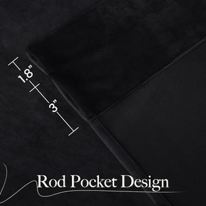 Close-up of a black blackout rod pocket curtain header showing 1.8 inch top and 3 inch pocket.