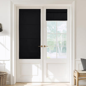 Black blackout roman shades on white French doors, one fully extended for privacy, the other partially raised.