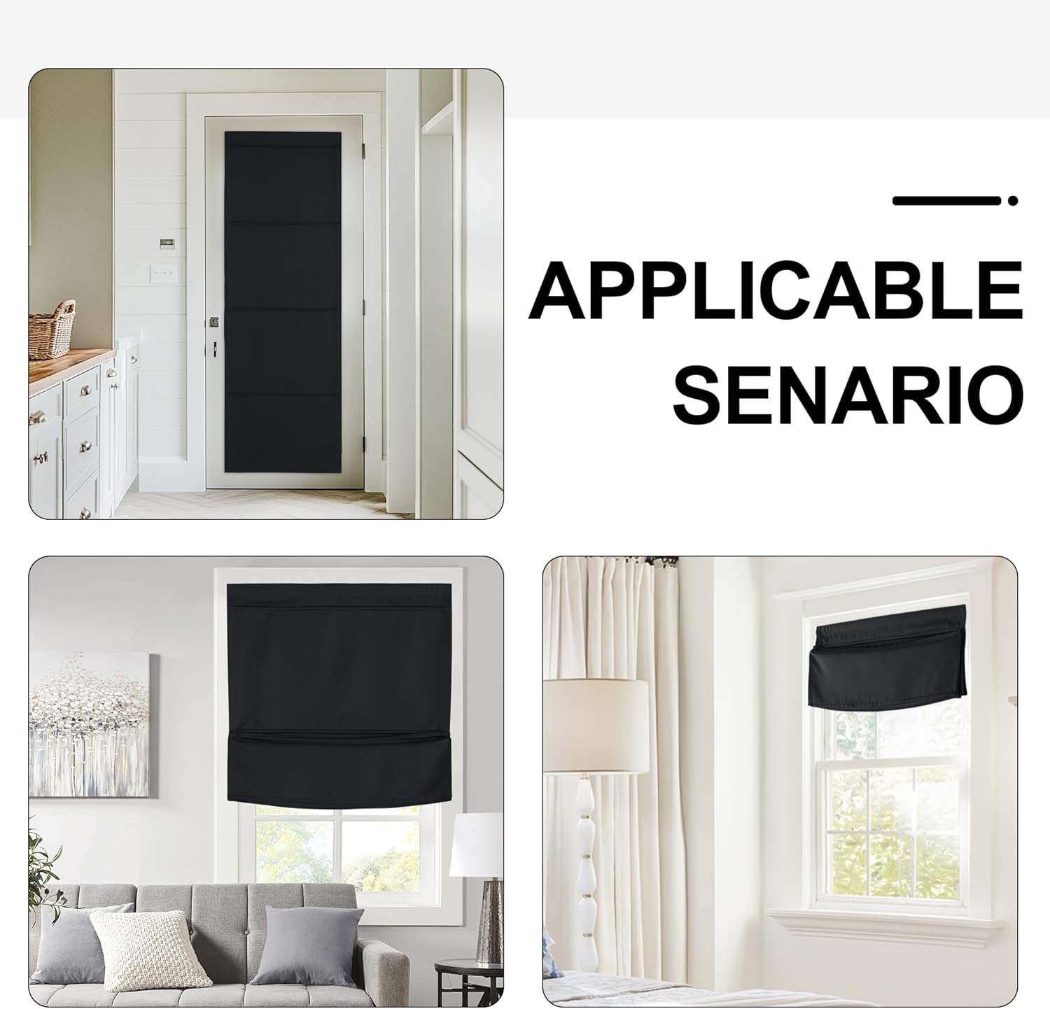 Black blackout Roman shades installed on windows and a door panel, showing versatile room darkening.