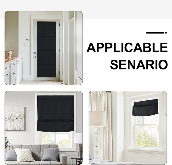 Black blackout Roman shades installed on windows and a door panel, showing versatile room darkening.