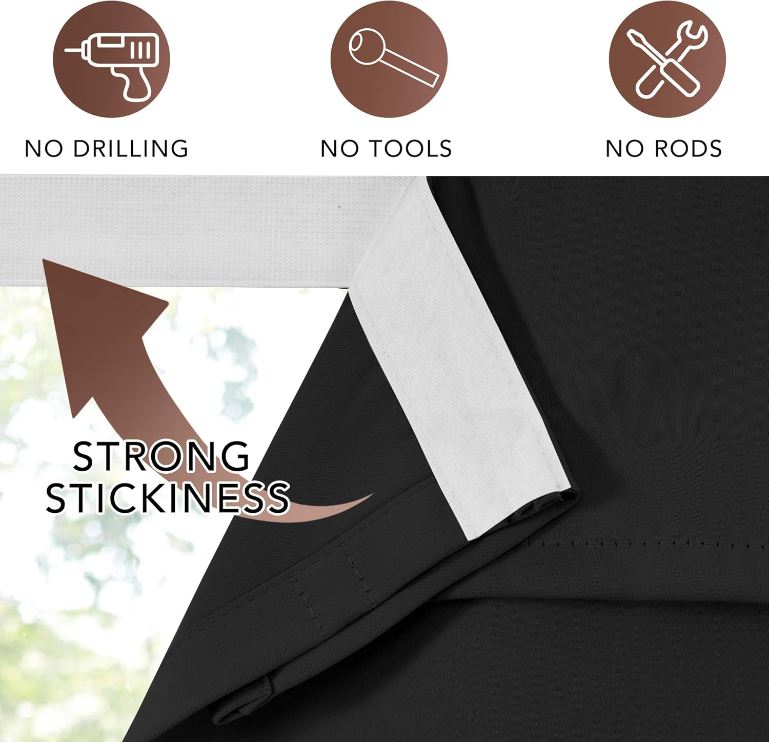 Black blackout curtain with white adhesive for stick-on, no-drill window installation.