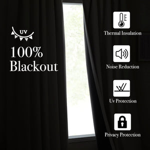 Dark black blackout curtains visible, emphasizing thermal insulation, noise reduction, UV, and privacy.