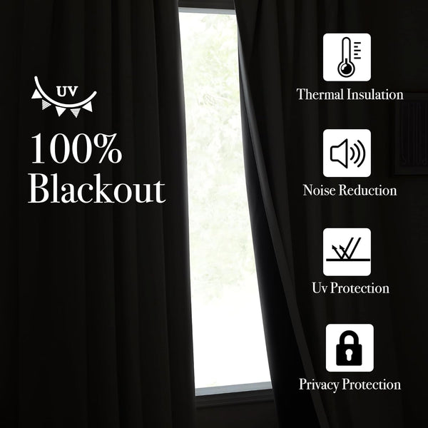 Dark black blackout curtains visible, emphasizing thermal insulation, noise reduction, UV, and privacy.