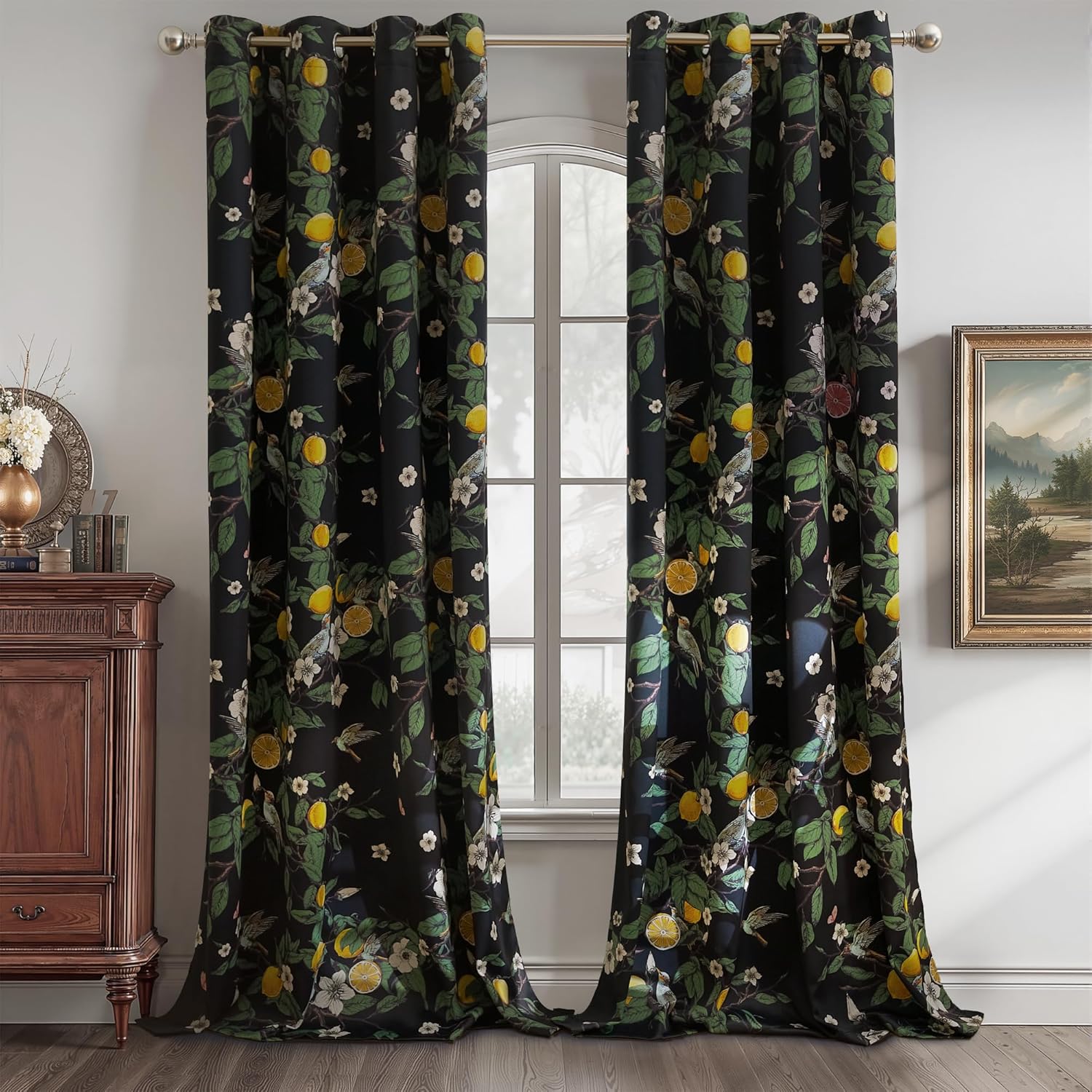 Black grommet curtains with lemon, white flower, bird botanical pattern, by arched window.