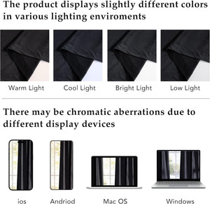 Black curtain color varies under warm, cool, bright, low light, and on different digital display screens.