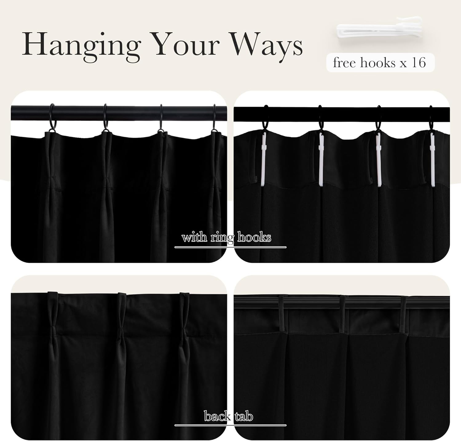 Black curtains displayed with four versatile hanging styles: ring hooks, white pleat hooks, and back tabs.