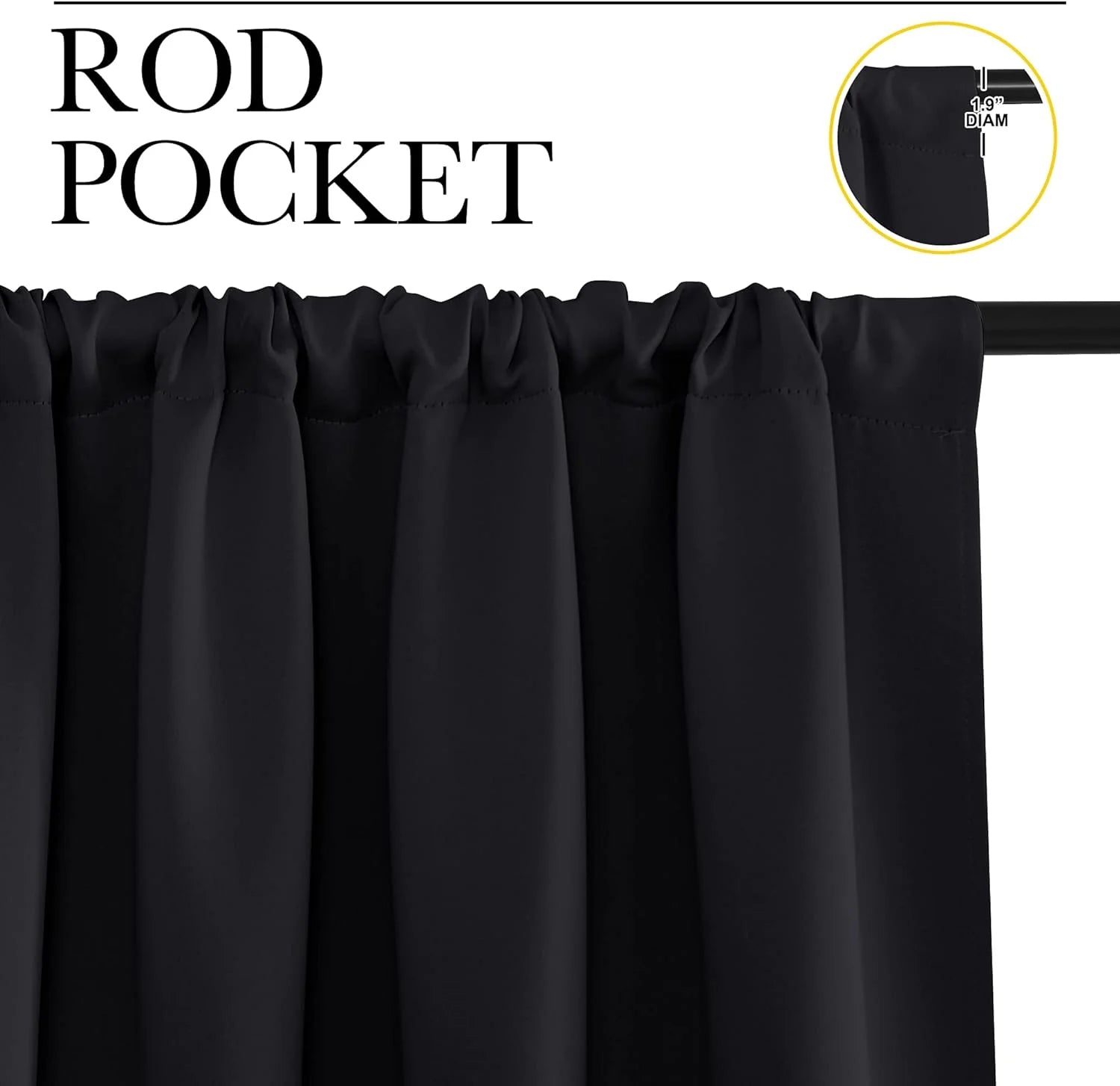 Close-up of black curtain showing rod pocket top design on a rod, with 1.9-inch diameter detail.
