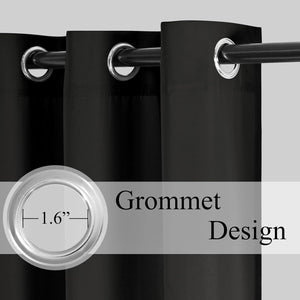 Close-up of a black curtain with shiny silver grommet top. The grommet measures 1.6 inches.