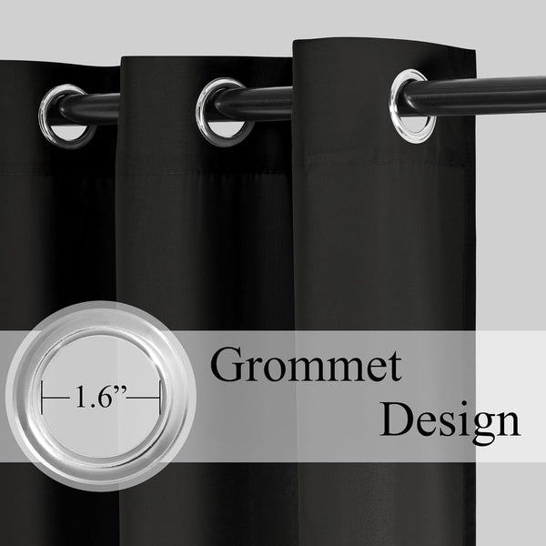 Close-up of a black curtain with shiny silver grommet top. The grommet measures 1.6 inches.