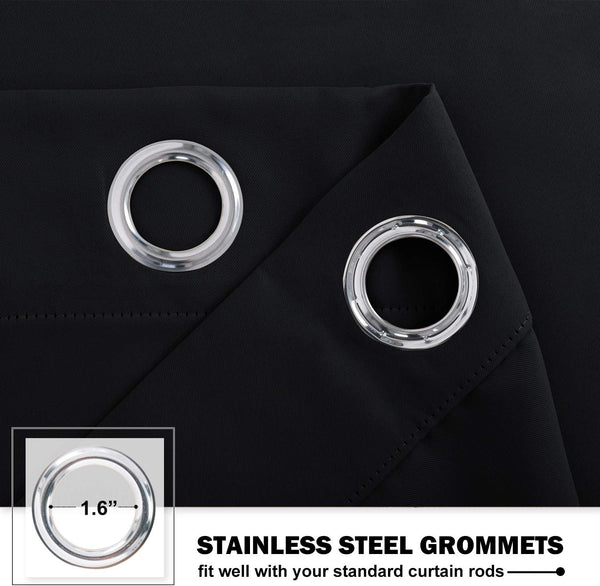 Close-up of black curtain fabric showing two shiny stainless steel grommets, one with a 1.6-inch diameter, designed for standard rods.