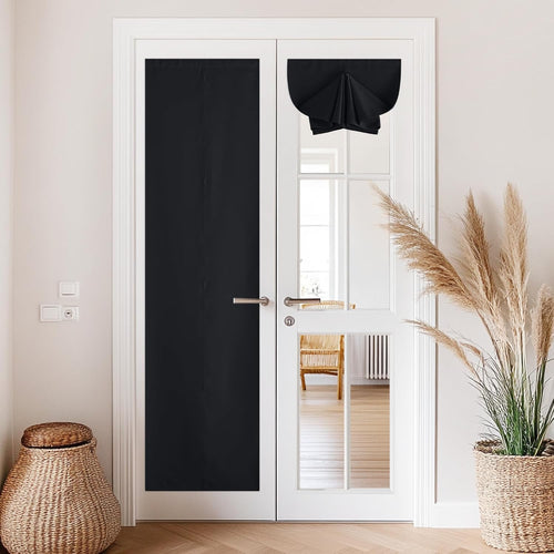 Black fabric blackout door window shades on white French doors. Includes a full panel and a folded top valance.