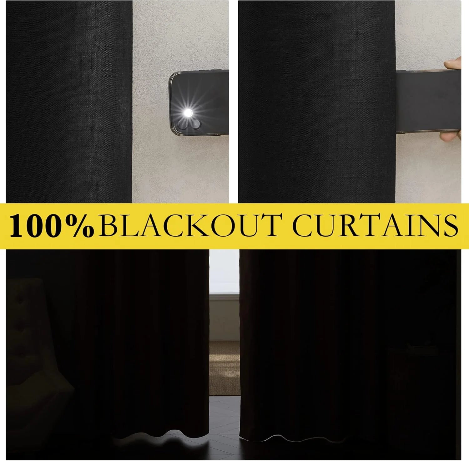 Black textured blackout curtains blocking phone flashlight and window light
