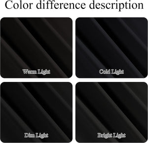 Four panels show black fabric's subtle appearance under warm, cold, dim, and bright lighting conditions.