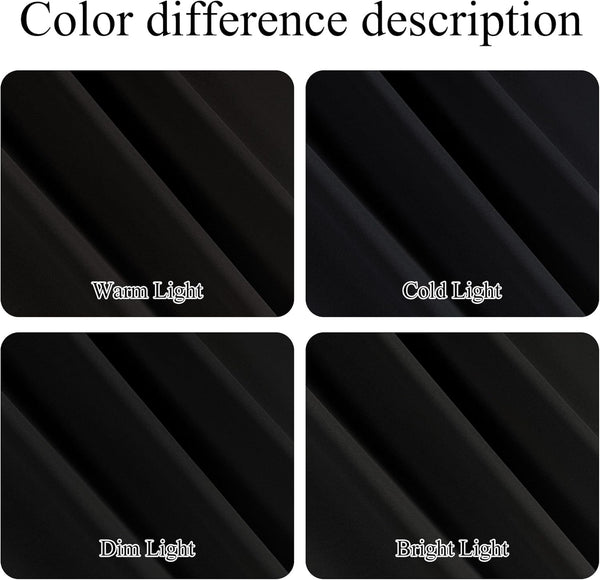 Four panels show black fabric's subtle appearance under warm, cold, dim, and bright lighting conditions.