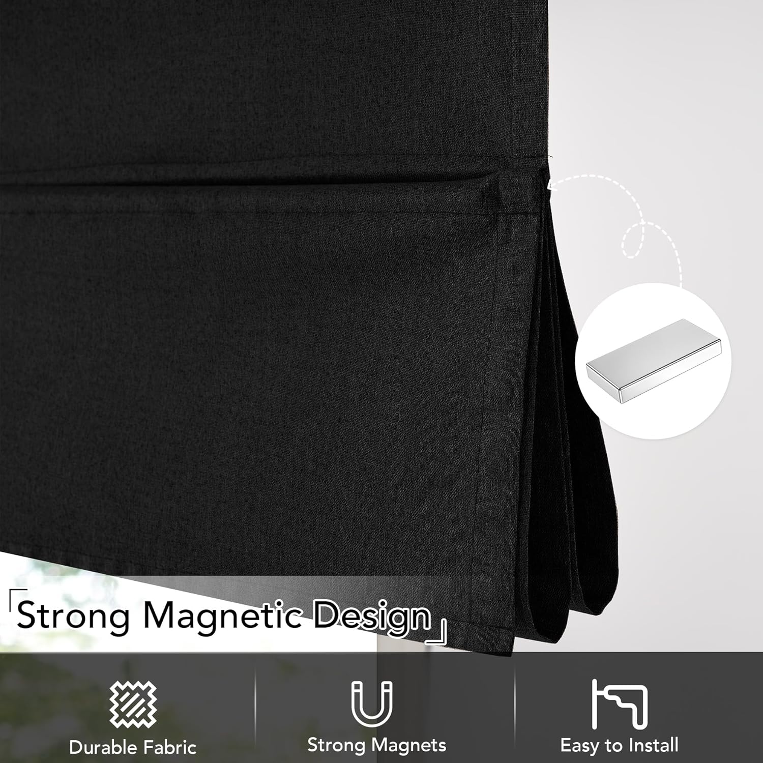 Black durable fabric magnetic roman shade with visible folds. Features strong magnetic design.