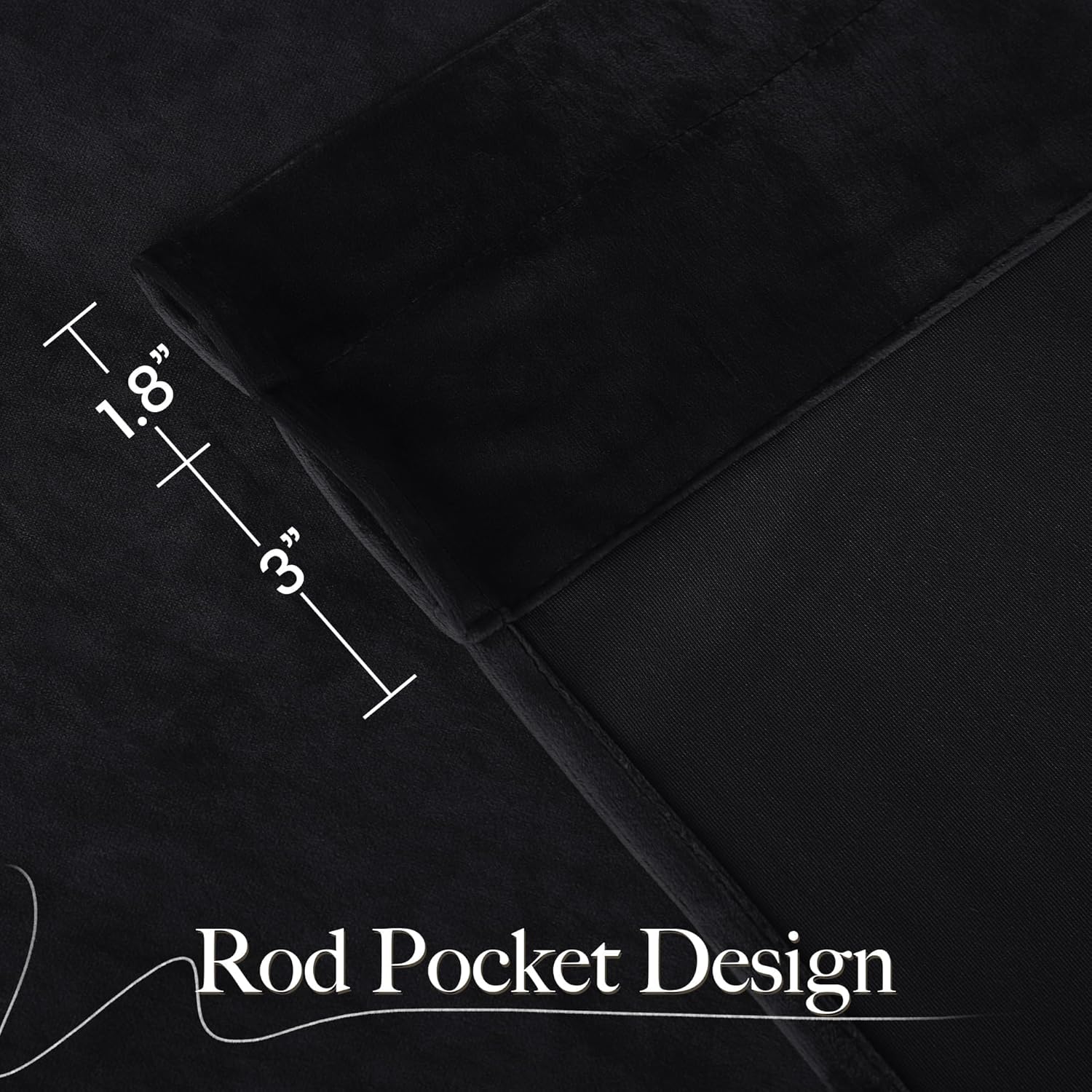 Close-up of a black fabric curtain detailing the rod pocket design with visible 1.8 and 3 inch measurements.