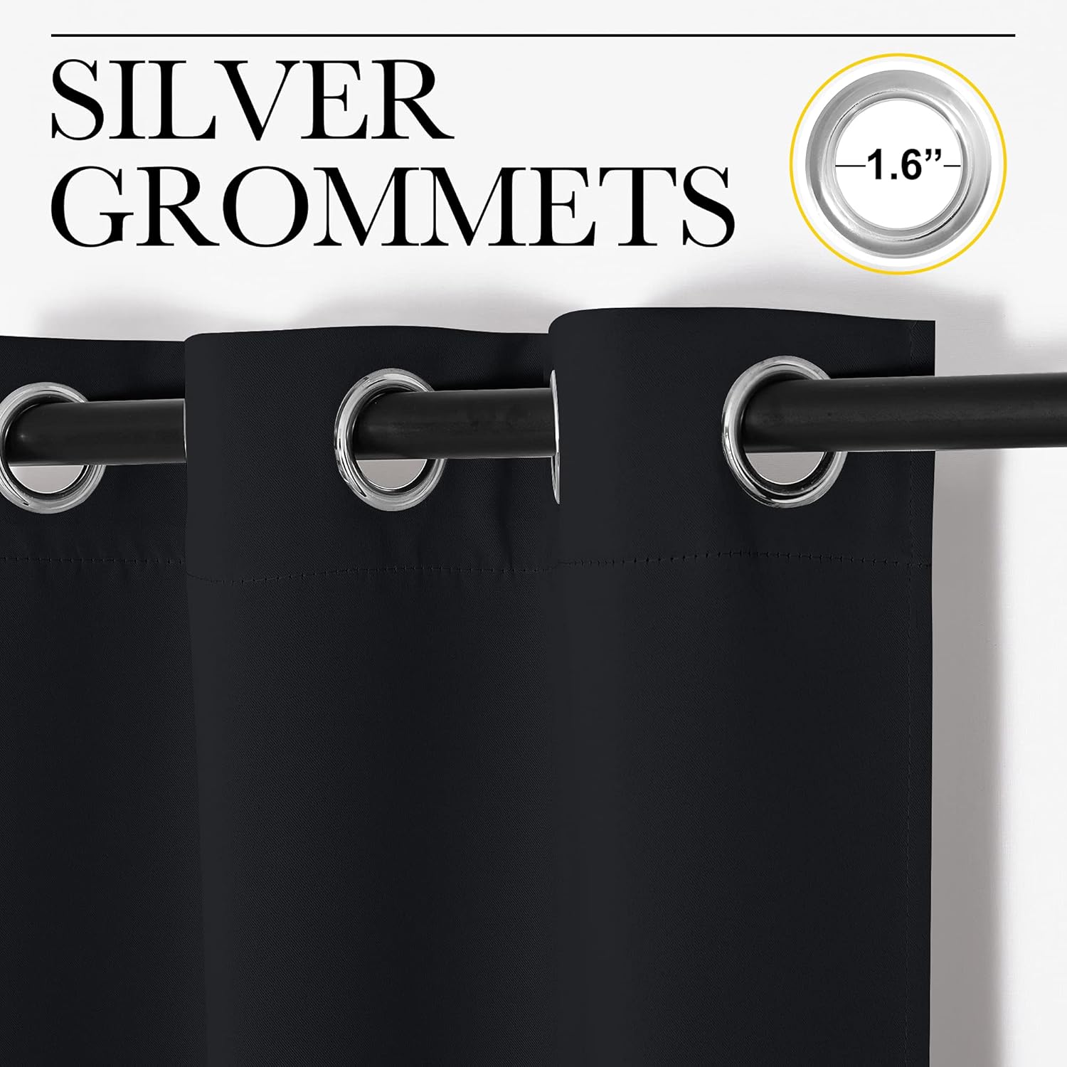 Close-up of a black curtain panel with shiny silver 1.6 inch grommets, visible on a dark curtain rod.